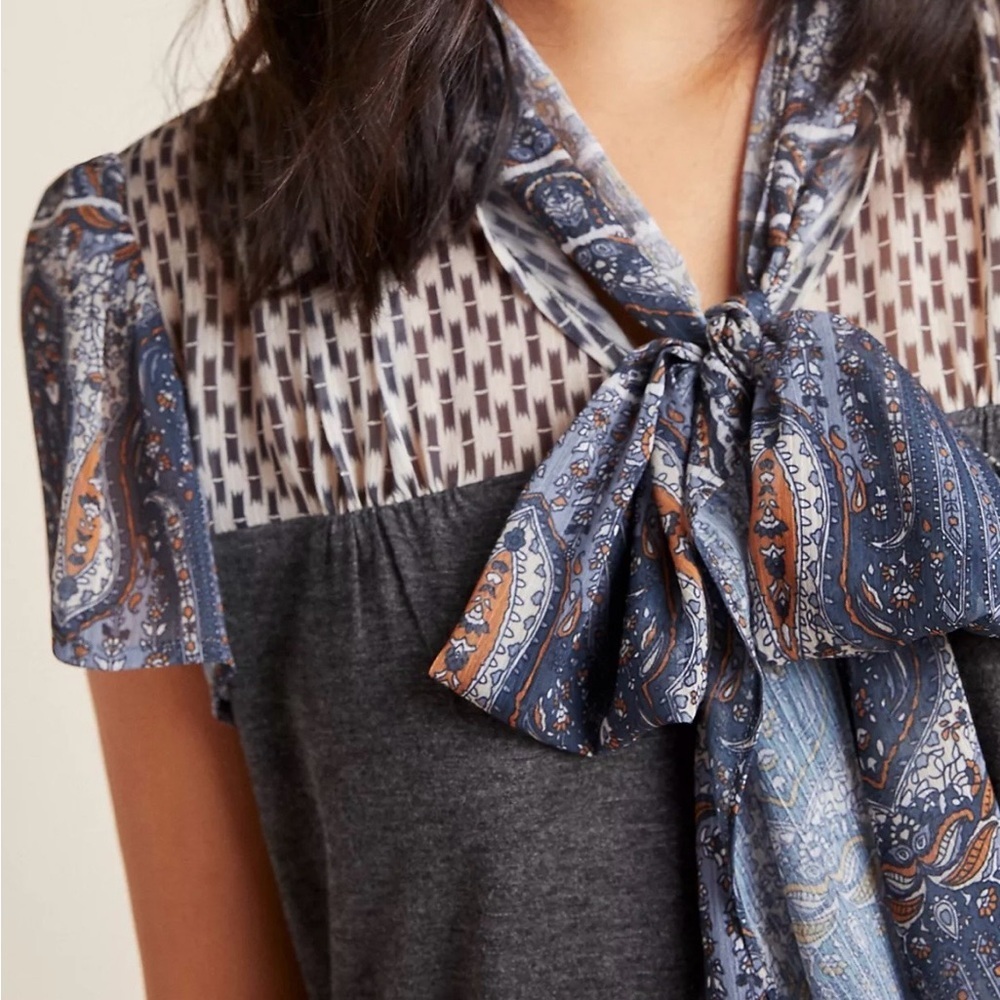 Anthropologie Tiny Joy Tie-Neck Mixed Print Top - Gray/Blue, Short Sleeve, XS - Picture 11 of 14